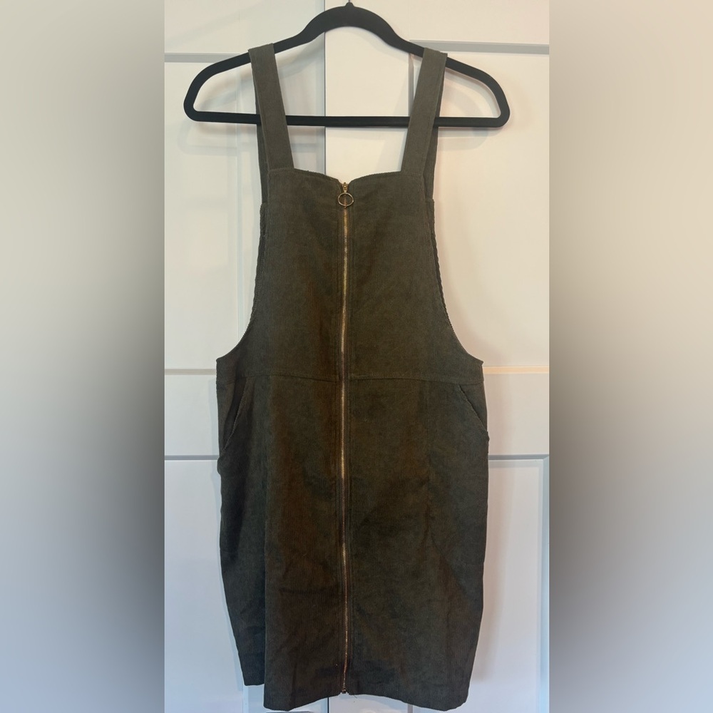 Green Corduroy Overall Dress with Zipper